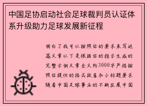 中国足协启动社会足球裁判员认证体系升级助力足球发展新征程