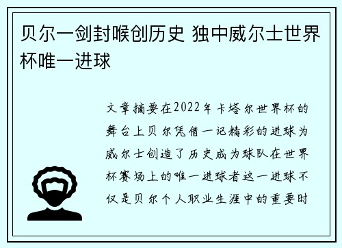 贝尔一剑封喉创历史 独中威尔士世界杯唯一进球 贝尔一剑封喉创历史 独中威尔士世界杯唯一进球